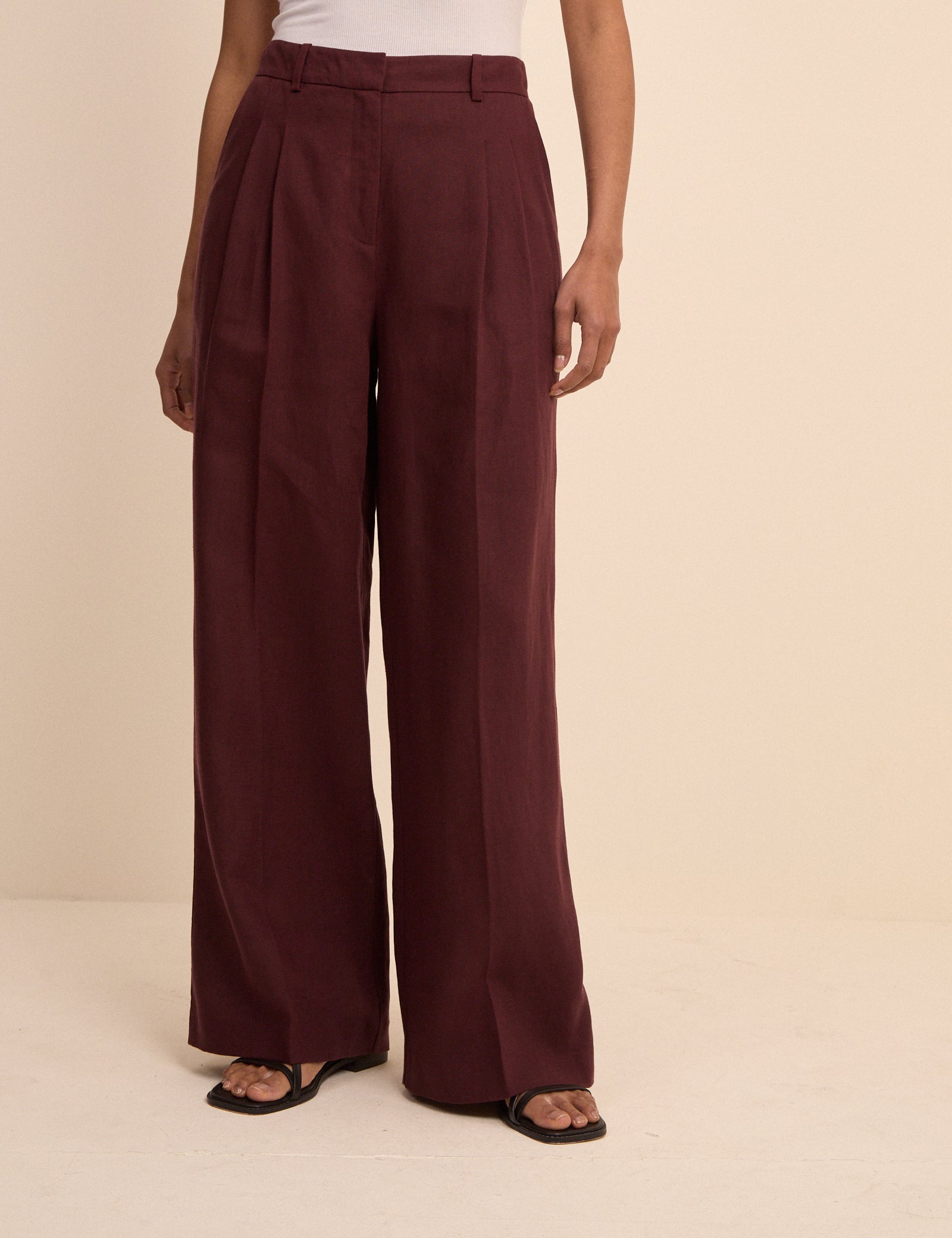 Burgundy Linen Blend High Waisted Wide Leg Trousers