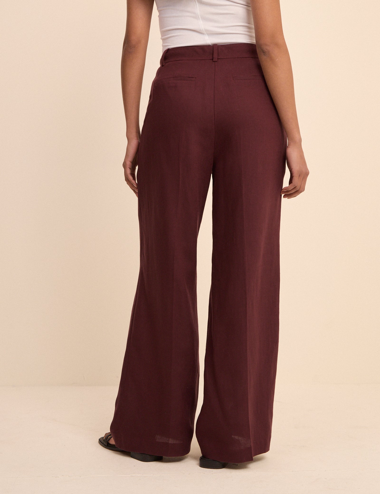 Burgundy Linen Blend High Waisted Wide Leg Trousers - Image 4