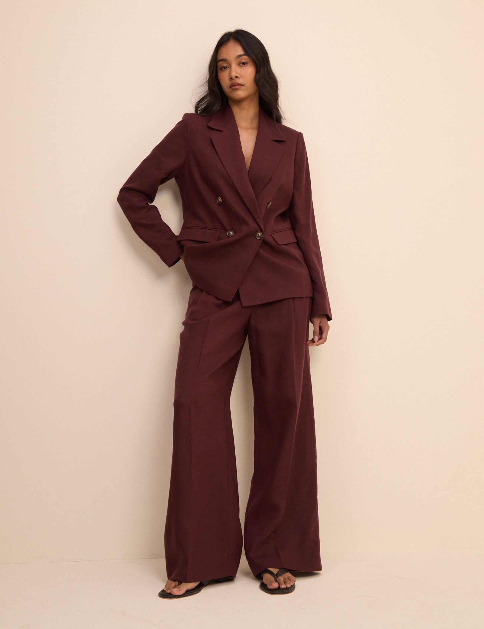 Burgundy Linen Blend High Waisted Wide Leg Trousers - Image 2