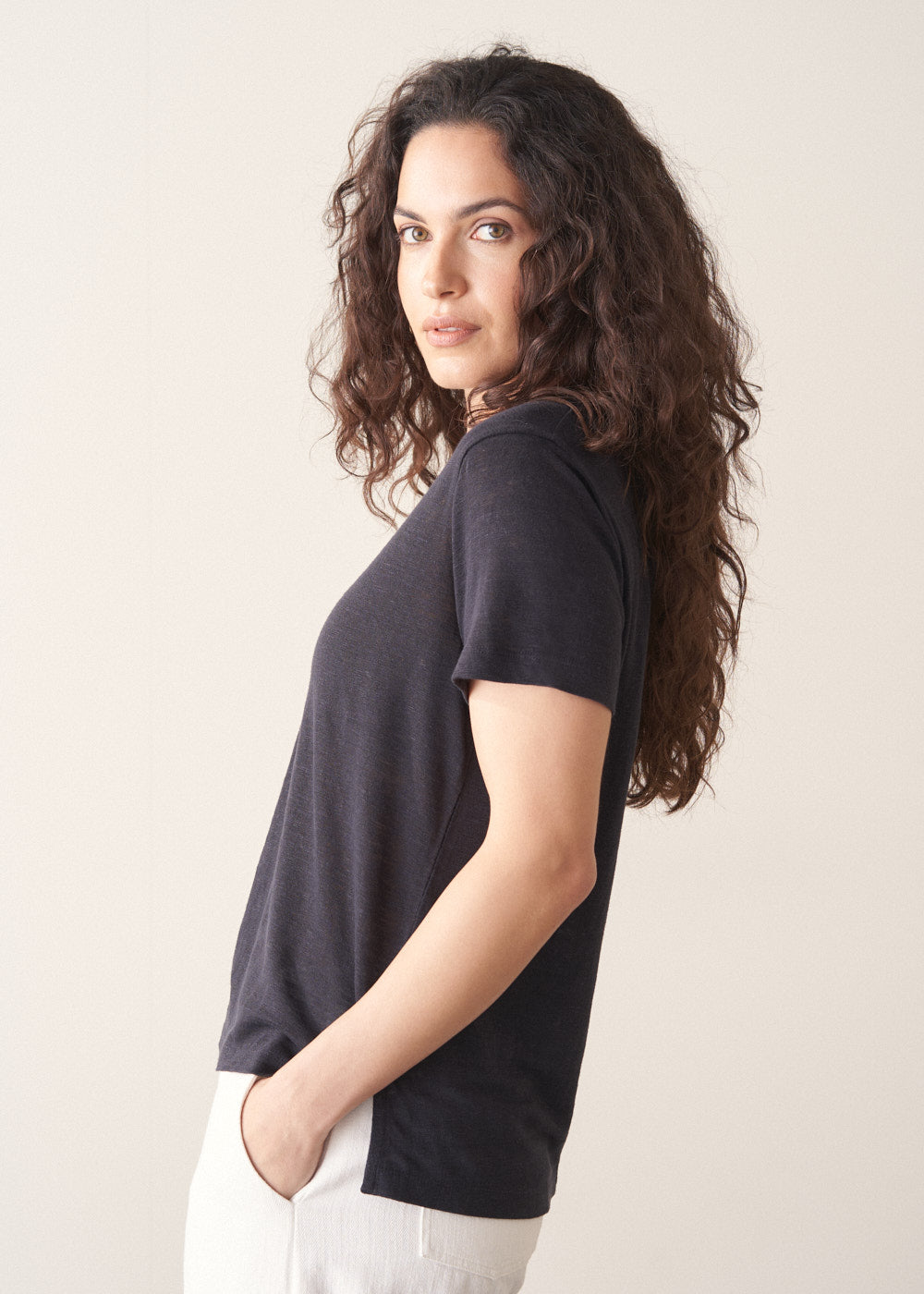 Black V Neck Linen Shirt - Image 6