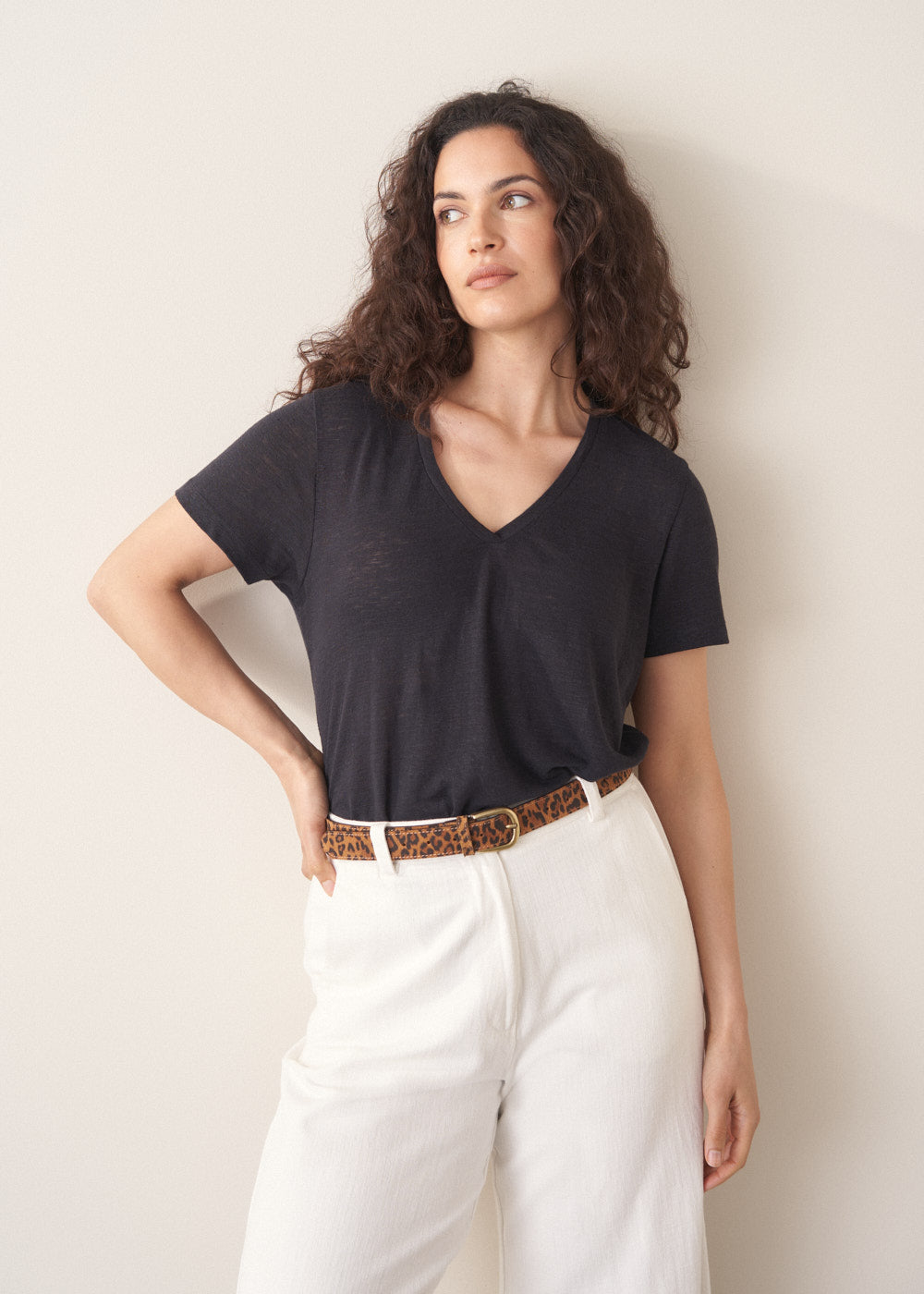 Black V Neck Linen Shirt