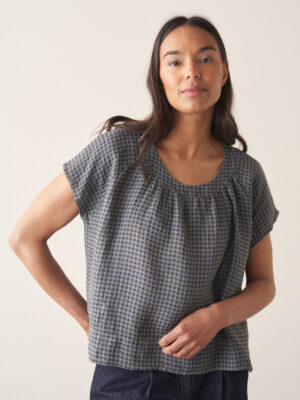 Navy Checked Linen Top