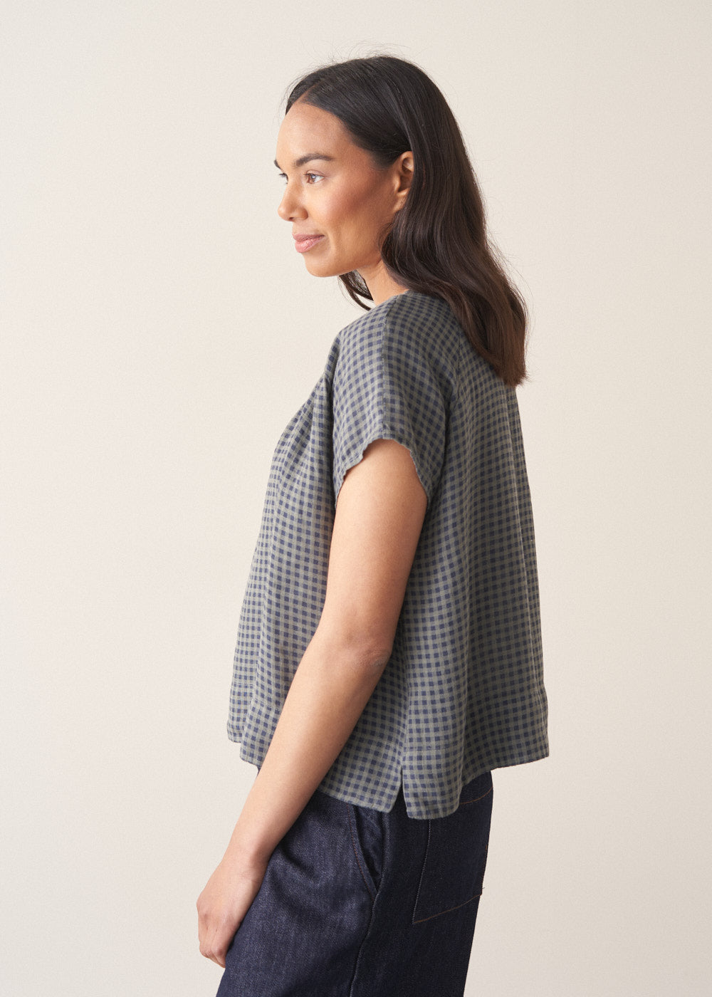 Relaxed Navy Checked Linen Top - Image 2