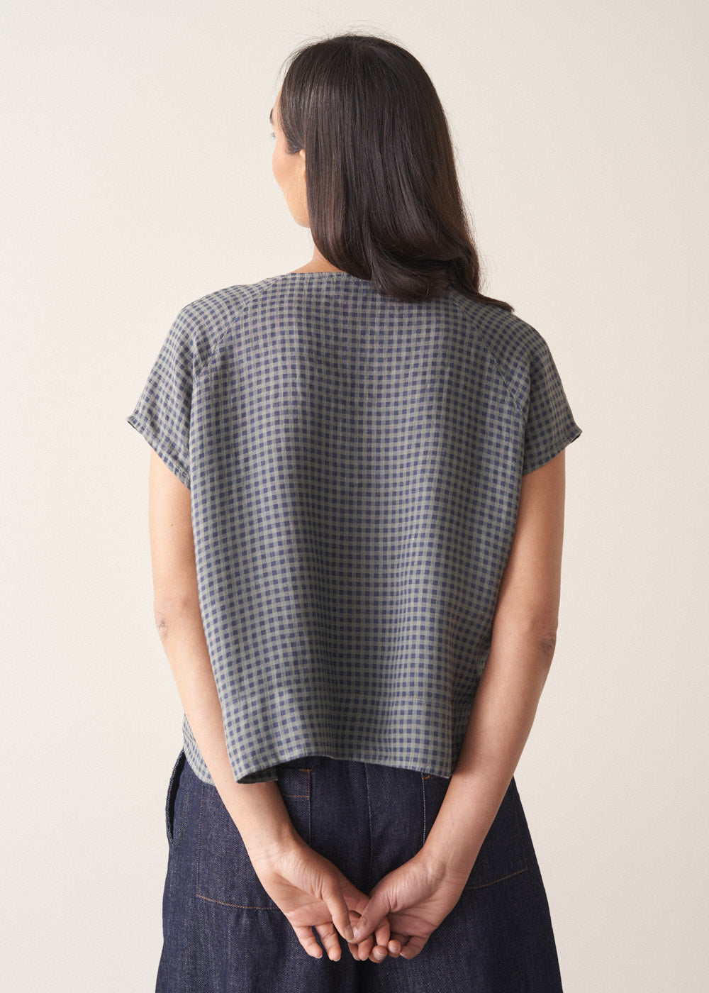 Relaxed Navy Checked Linen Top - Image 4