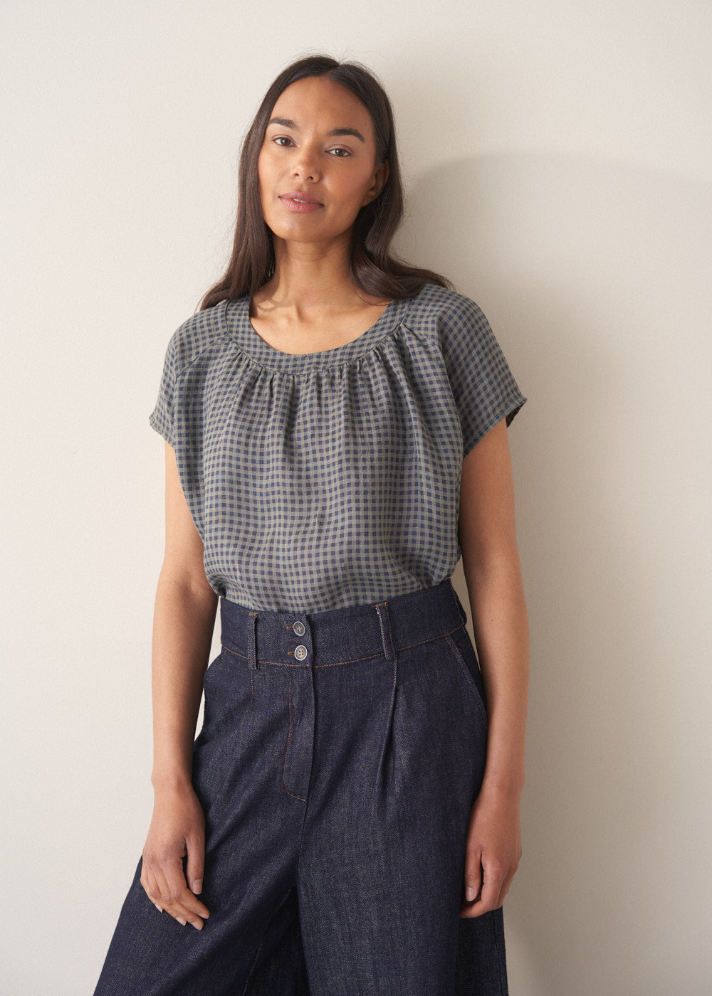 Relaxed Navy Checked Linen Top - Image 5