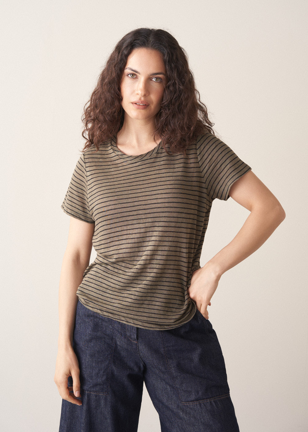 Relaxed Khaki Striped Linen Shirt - Image 2